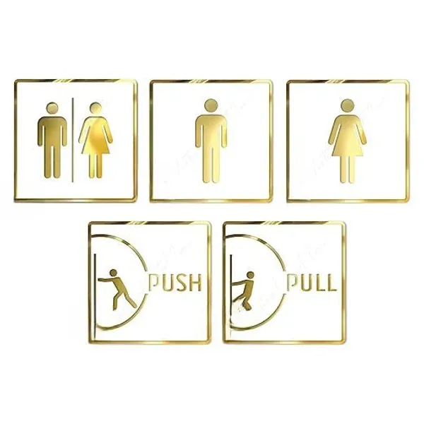 White_&_Gold_Premium_Finish_Acrylic_Men,_Women,_Restroom,_Push_&_Pull_Door_Sign_Set_Easy_Mount_3M_Self-Adhesive_Tape_Signage_For_Hotel,_Office,_Corporate_&_Business_Use