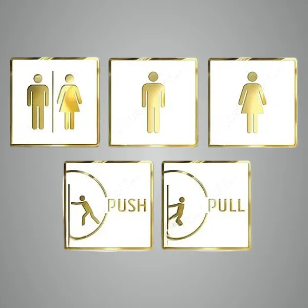 White_&_Gold_Premium_Finish_Acrylic_Men,_Women,_Restroom,_Push_&_Pull_Door_Sign_Set_Easy_Mount_3M_Self-Adhesive_Tape_Signage_For_Hotel,_Office,_Corporate_&_Business_Use