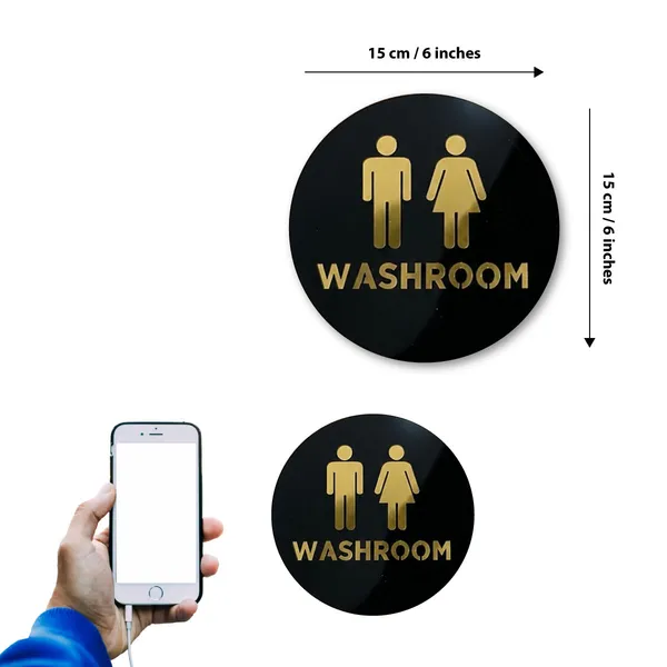 Washroom_Washroom_Sign_Golden_Black_Round_Acrylic_Self-Adhesive_6_Inch_Door/Wall_Sticker_For_Office,_Store,_Hotel,_Cafe,_Restaurant,_Business_&_Shop_Use
