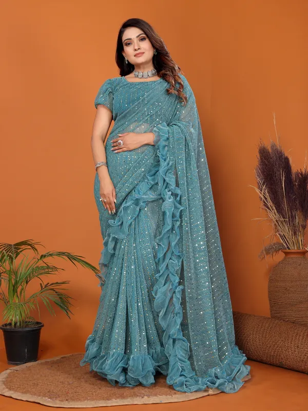 Two-Tone_Ruffle_Saree_in_Portrait_Moonlight_Fabric_with_Mirror_Work_&_Crush_Detail