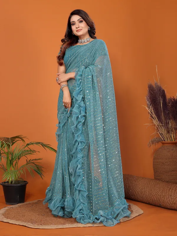Two-Tone_Ruffle_Saree_in_Portrait_Moonlight_Fabric_with_Mirror_Work_&_Crush_Detail
