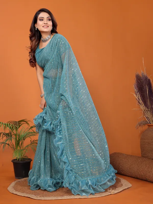 Two-Tone_Ruffle_Saree_in_Portrait_Moonlight_Fabric_with_Mirror_Work_&_Crush_Detail