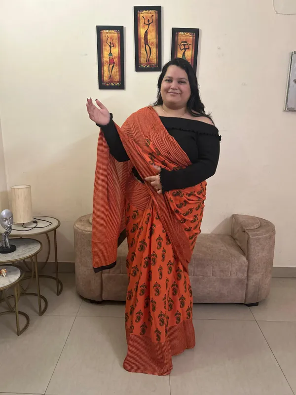 Orange_Cotton_Printed_Saree_With_Blouse_Piece_For_Women_&_Girls