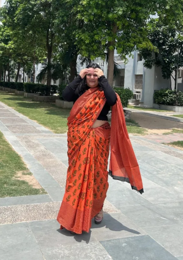 Orange_Cotton_Printed_Saree_With_Blouse_Piece_For_Women_&_Girls