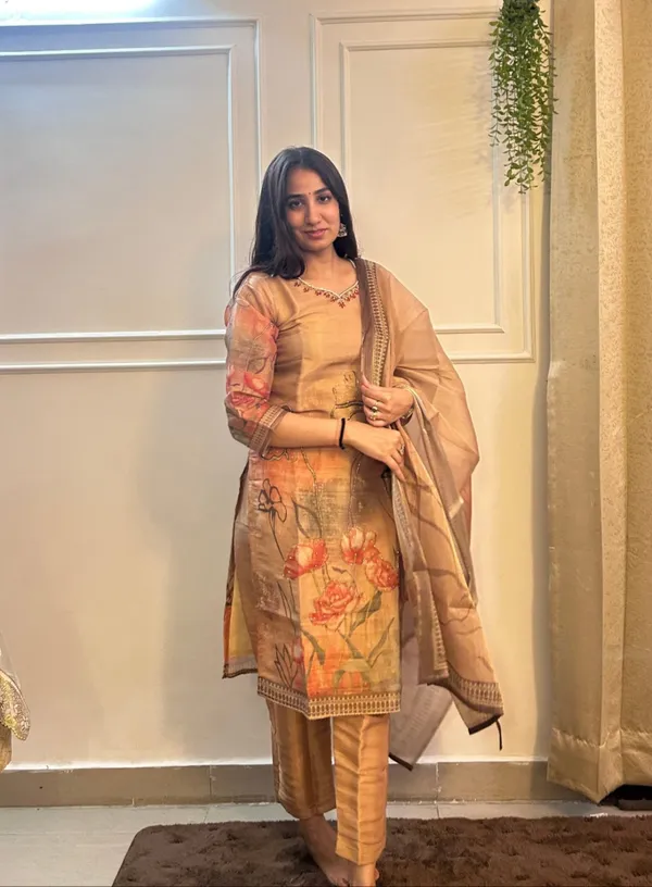Golden_Chanderi_Printed_Embroidered_Suit_Set_With_Printed_Dupatta_For_Women_&_Girls