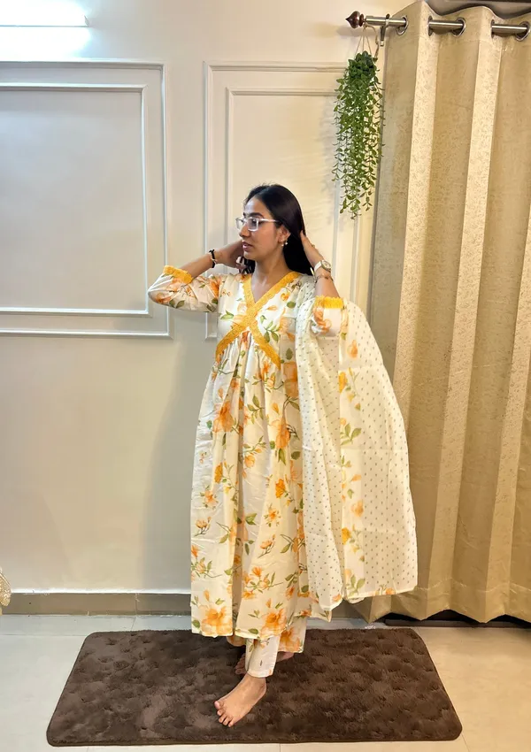 Off_White_&_Musturd_Cotton_Bloom_Floral_A-Line_Suit_Set_With_Dupatta_For_Women_&_Girls