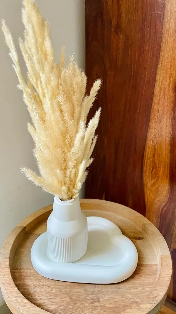 White_Concrete_Cylindrical_Striped_Vase_Combo_Offer_|_Jewellery/Makeup/Table_Organizer_I_Home_Decor_Set_I_(Includes_Mino_Cloud_Tray,_Cylindrical_Striped_Vase,_Naturally_Dried_Pampas_Grass)