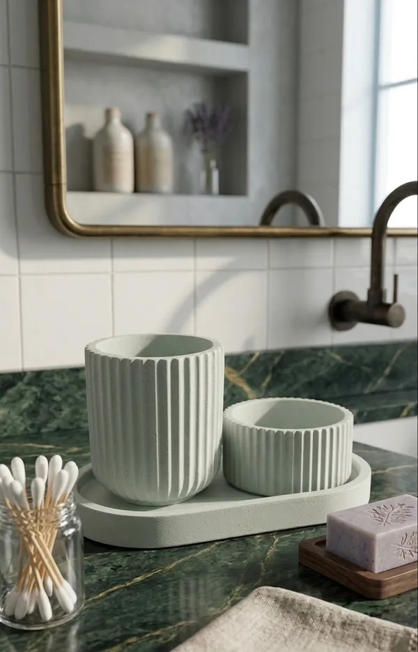 Concrete_Vanity_combo,_smoky_grey_colour__(Oval_tray,_Striped_jar,_Minimal_striped_jar)_