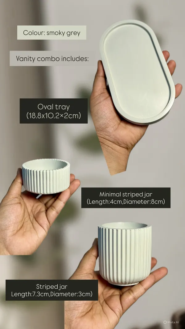 Concrete_Vanity_combo,_smoky_grey_colour__(Oval_tray,_Striped_jar,_Minimal_striped_jar)_