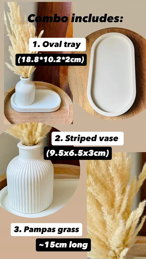 White_Concrete_Oval_Tray_Combo_Offer_|_Jewellery/Makeup/Table_Organizer_|_Home_Decor_Set_L_(Includes_Oval_Tray,_Striped_Vase,_Naturally_Dried_Pampas_Grass)