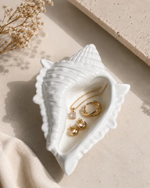 White_Handmade_Concrete_Conch_Shell_Trinket_Tray_|_Jewellery/Makeup/Table_Organizer_|_Home_Decor_|_Candle_Tray_|_Multipurpose_(18.5×11.5Cm)