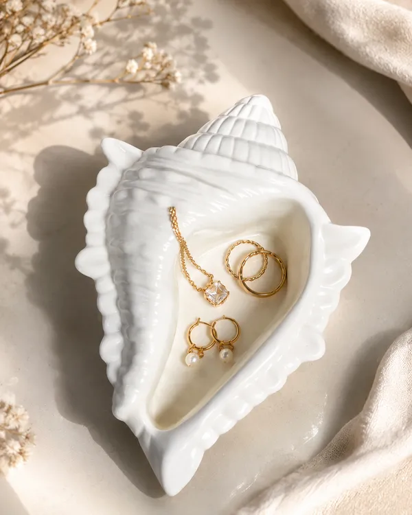 White_Handmade_Concrete_Conch_Shell_Trinket_Tray_|_Jewellery/Makeup/Table_Organizer_|_Home_Decor_|_Candle_Tray_|_Multipurpose_(18.5×11.5Cm)
