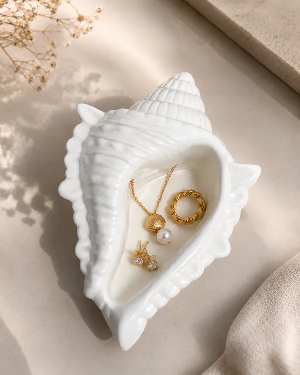 White_Handmade_Concrete_Conch_Shell_Trinket_Tray_|_Jewellery/Makeup/Table_Organizer_|_Home_Decor_|_Candle_Tray_|_Multipurpose_(18.5×11.5Cm)