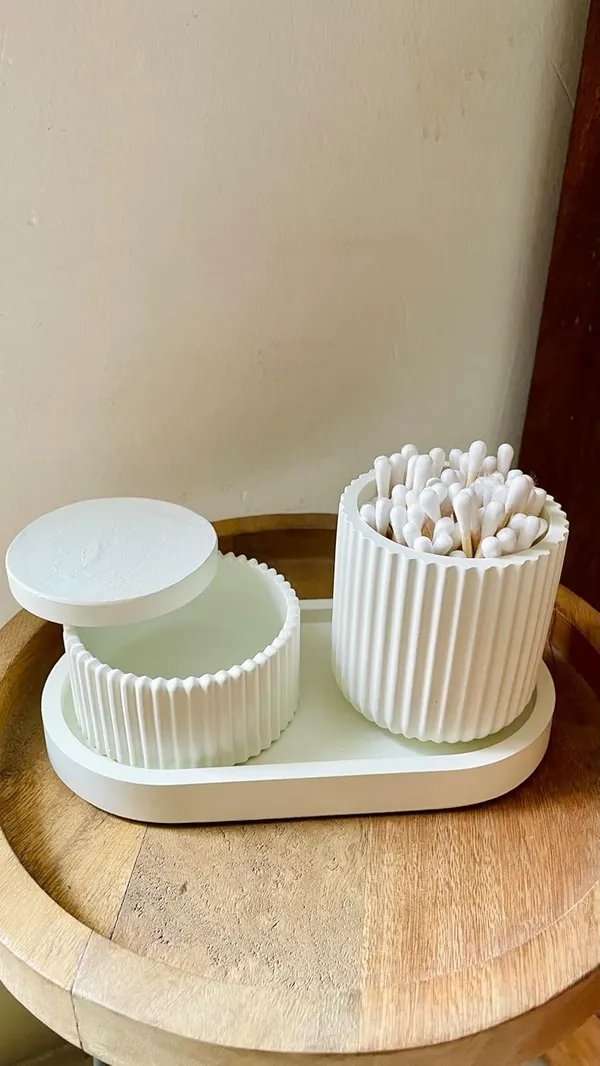 White_Concrete_Jar_Combo_Offer_|_Jewellery/Makeup/Table_Organizer_I_Home_Decor_Set_I_(Includes_Oval_Tray,_Striped_Jar,_Minimal_Striped_Jar)