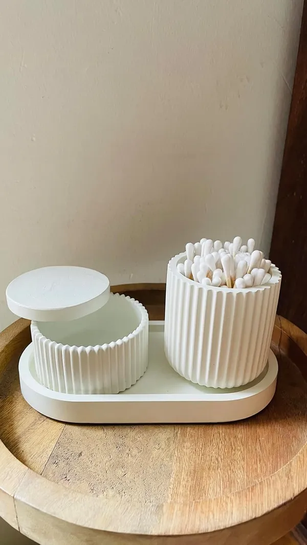 White_Concrete_Jar_Combo_Offer_|_Jewellery/Makeup/Table_Organizer_I_Home_Decor_Set_I_(Includes_Oval_Tray,_Striped_Jar,_Minimal_Striped_Jar)