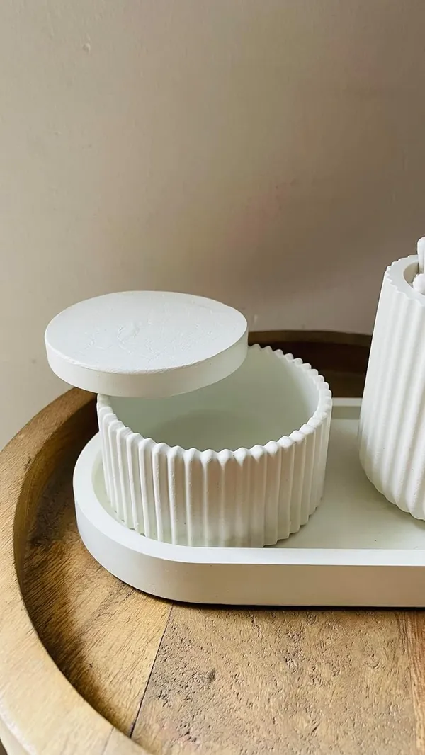 White_Concrete_Jar_Combo_Offer_|_Jewellery/Makeup/Table_Organizer_I_Home_Decor_Set_I_(Includes_Oval_Tray,_Striped_Jar,_Minimal_Striped_Jar)