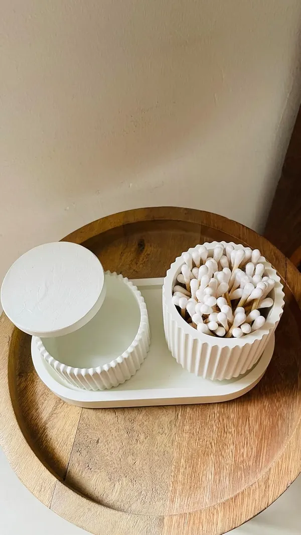 White_Concrete_Jar_Combo_Offer_|_Jewellery/Makeup/Table_Organizer_I_Home_Decor_Set_I_(Includes_Oval_Tray,_Striped_Jar,_Minimal_Striped_Jar)
