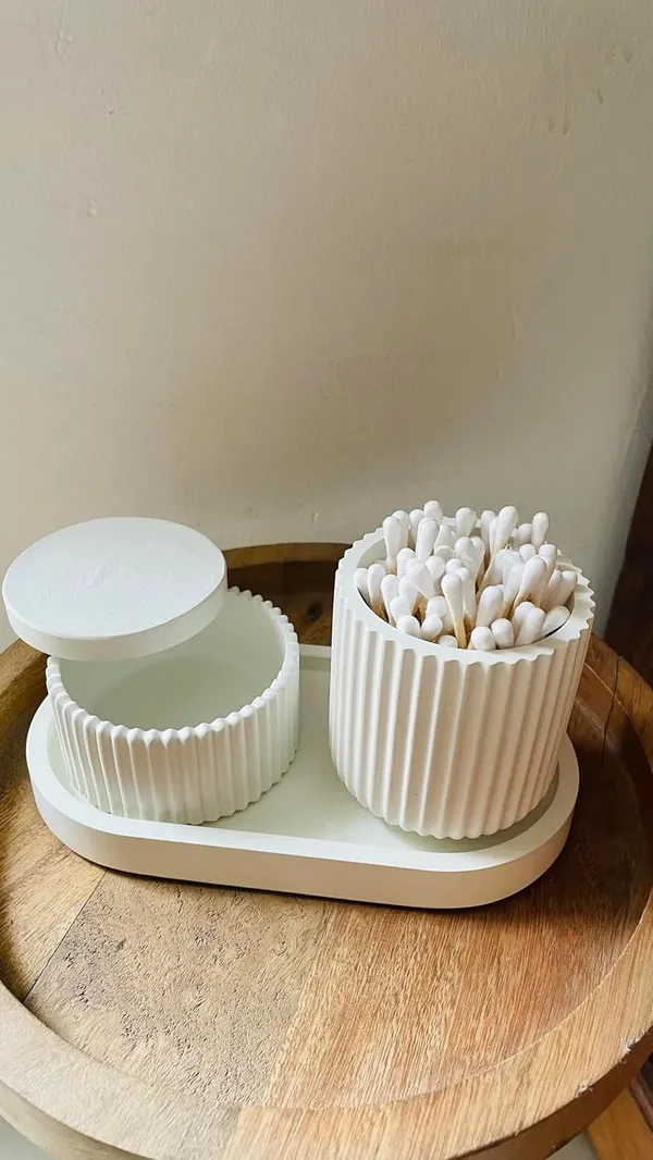 White_Concrete_Jar_Combo_Offer_|_Jewellery/Makeup/Table_Organizer_I_Home_Decor_Set_I_(Includes_Oval_Tray,_Striped_Jar,_Minimal_Striped_Jar)