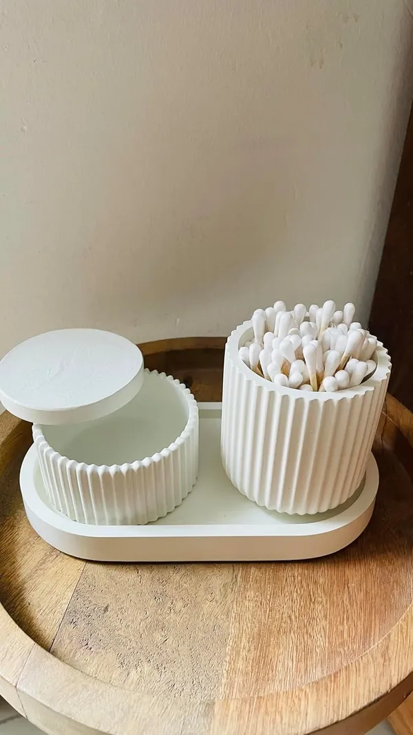 White_Concrete_Jar_Combo_Offer_|_Jewellery/Makeup/Table_Organizer_I_Home_Decor_Set_I_(Includes_Oval_Tray,_Striped_Jar,_Minimal_Striped_Jar)