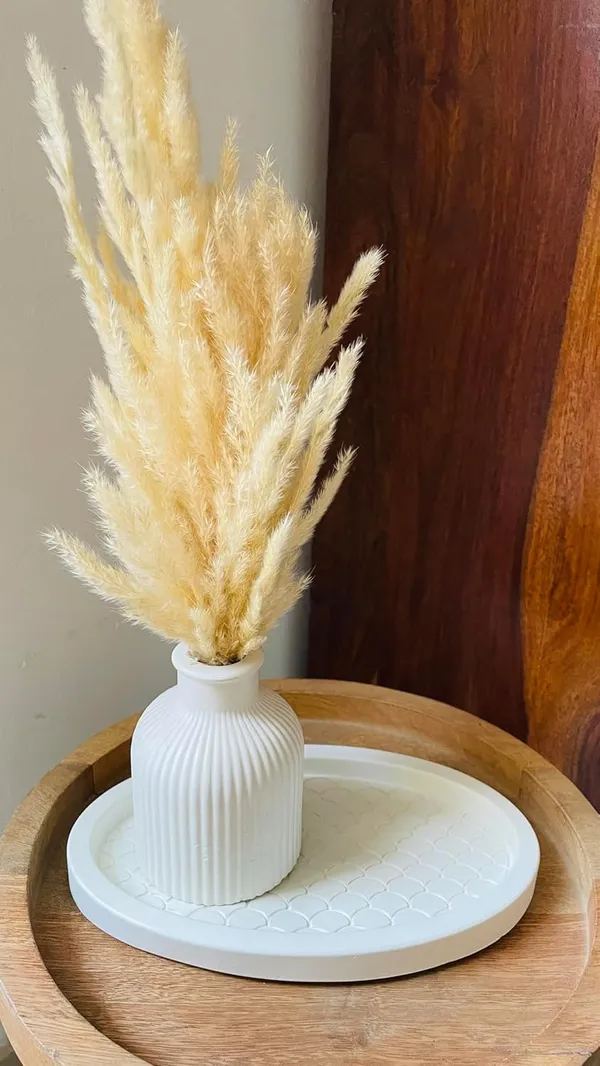 White_Concrete_Fish_Scale_Tray_Combo_Offer_|_Jewellery/Makeup/Table_Organizer_I_Home_Decor_Set_I_(Includes_Fish_Scale_Tray,_Striped_Vase,_Naturally_Dried_Pampas_Grass)