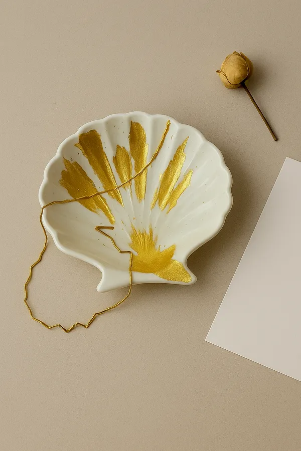 Gold_Foil_Handmade_Concrete_Shell_Trinket_Tray_|_Jewellery/Makeup/Table_Organizer_|_Home_Decor_|_Candle_Tray_|_Multipurpose_(9.5×9.5Cm)