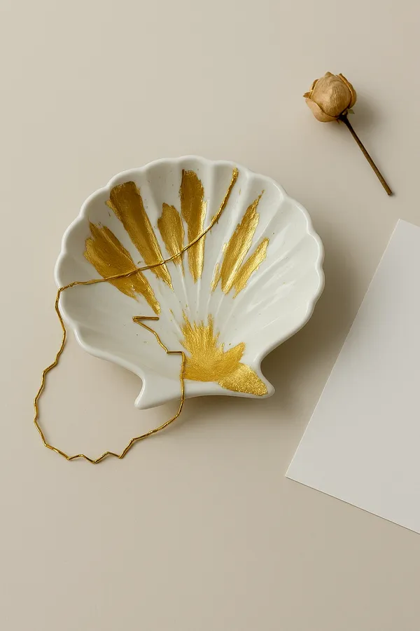 Gold_Foil_Handmade_Concrete_Shell_Trinket_Tray_|_Jewellery/Makeup/Table_Organizer_|_Home_Decor_|_Candle_Tray_|_Multipurpose_(9.5×9.5Cm)