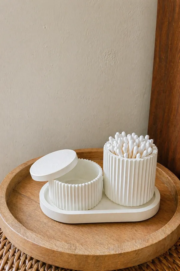 White_Concrete_Jar_Combo_Offer_|_Jewellery/Makeup/Table_Organizer_I_Home_Decor_Set_I_(Includes_Oval_Tray,_Striped_Jar,_Minimal_Striped_Jar)