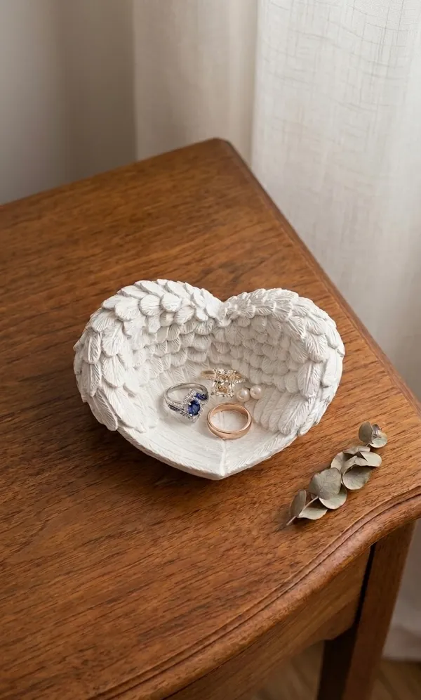 TREETRUNK®_Handmade_Concrete_Angel_Wings_Trinket_Tray_|_Jewellery/Makeup/Table_Organizer_|_Home_Decor_|_Candle_Tray_|_Multipurpose_|_White_|_(9×8×4cm)