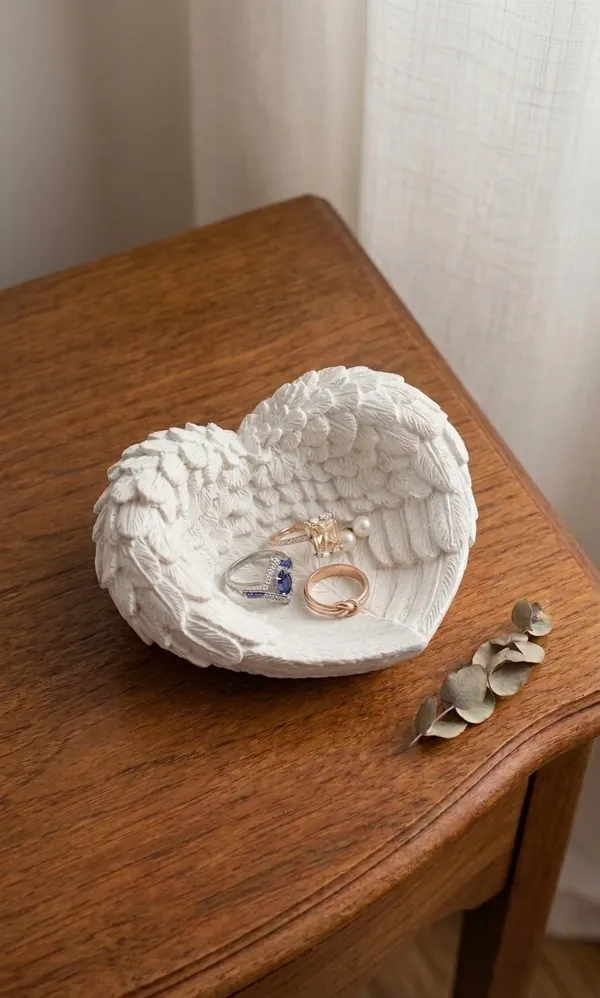 TREETRUNK®_Handmade_Concrete_Angel_Wings_Trinket_Tray_|_Jewellery/Makeup/Table_Organizer_|_Home_Decor_|_Candle_Tray_|_Multipurpose_|_White_|_(9×8×4cm)