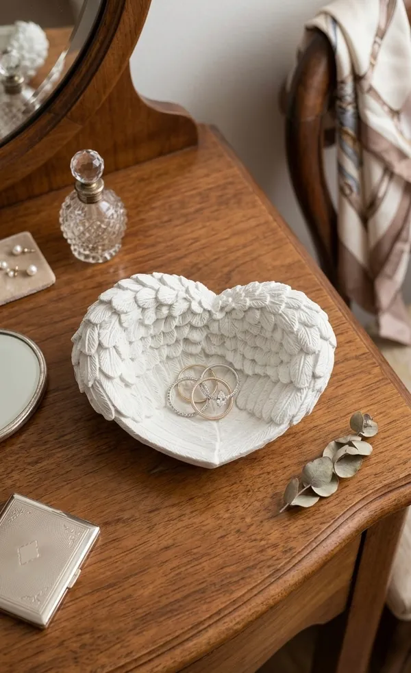 TREETRUNK®_Handmade_Concrete_Angel_Wings_Trinket_Tray_|_Jewellery/Makeup/Table_Organizer_|_Home_Decor_|_Candle_Tray_|_Multipurpose_|_White_|_(9×8×4cm)