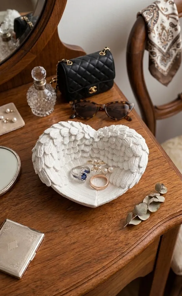 TREETRUNK®_Handmade_Concrete_Angel_Wings_Trinket_Tray_|_Jewellery/Makeup/Table_Organizer_|_Home_Decor_|_Candle_Tray_|_Multipurpose_|_White_|_(9×8×4cm)