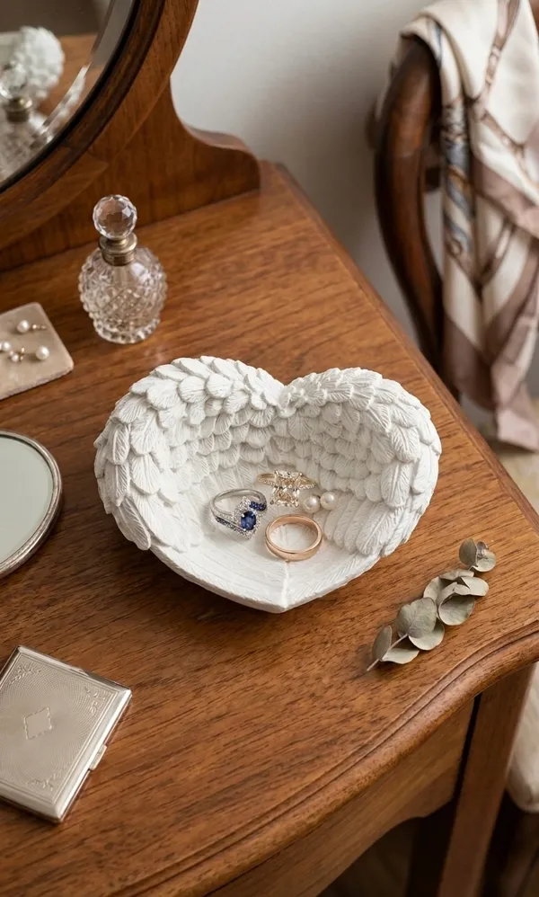 TREETRUNK®_Handmade_Concrete_Angel_Wings_Trinket_Tray_|_Jewellery/Makeup/Table_Organizer_|_Home_Decor_|_Candle_Tray_|_Multipurpose_|_White_|_(9×8×4cm)