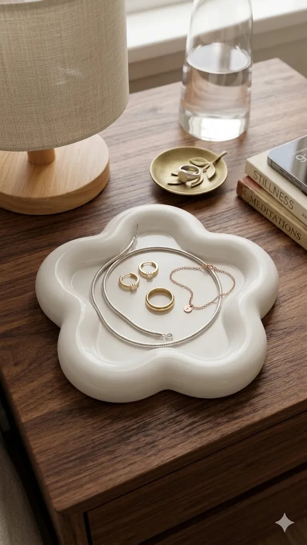White_Concrete_Flower_Shaped_Trinket_Tray_|_Jewellery/Makeup/Table_Organizer_|_Home_Decor_|_Candle_Tray_|_Multipurpose_(15.1×14.7×1.7Cm)