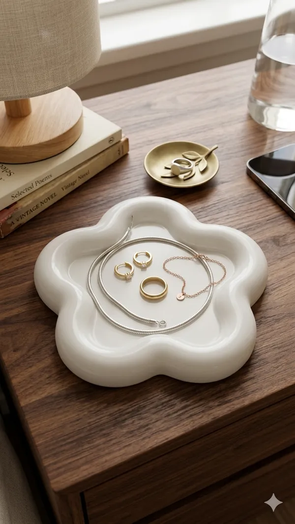 White_Concrete_Flower_Shaped_Trinket_Tray_|_Jewellery/Makeup/Table_Organizer_|_Home_Decor_|_Candle_Tray_|_Multipurpose_(15.1×14.7×1.7Cm)