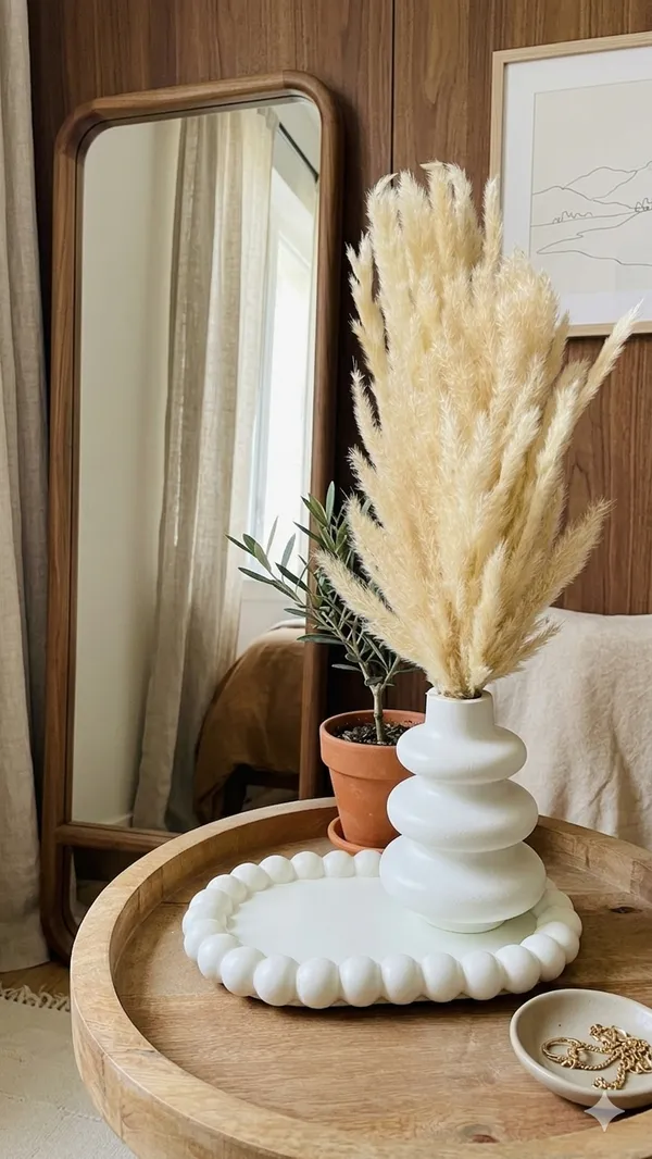 White_Concrete_Boho_Vase_Combo_Offer_|_Jewellery/Makeup/Table_Organizer_I_Home_Decor_Set_I_(Includes_Oval_Bubble_Tray,_Boho_Vase,_Naturally_Dried_Pampas_Grass)