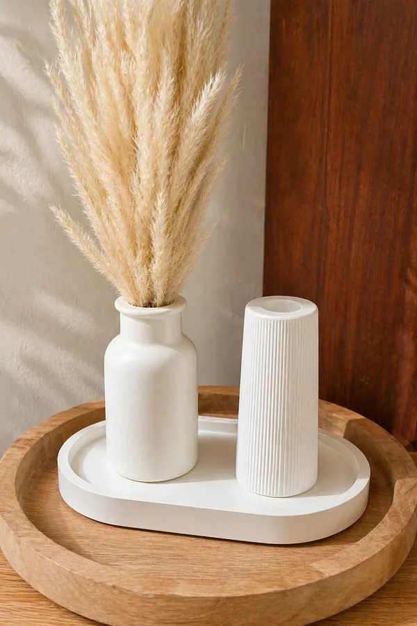 White_Concrete_Vase_Combo_Offer_(Includes_Oval_Tray,18.8*10,2*2cm)(_Long_Striped_Vase,9*5*4cm)(_Cylindrical_Vase,_9*6*3.5cm)(_Naturally_Dried_Pampas_Grass)