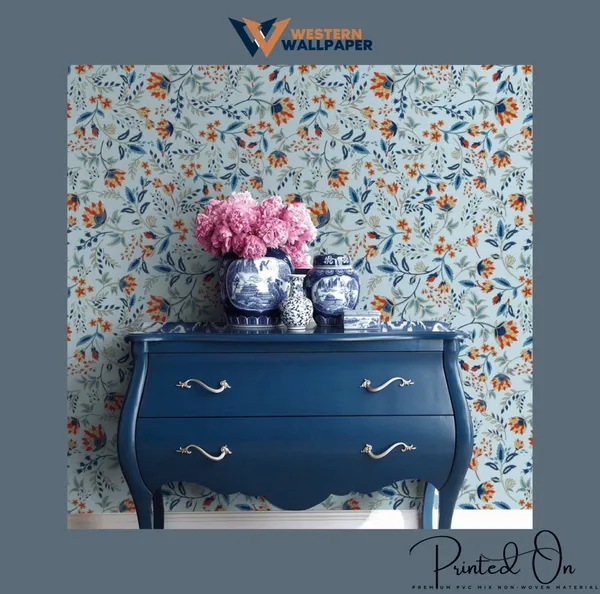 Ornate_Chintz_Botanical_Wallpaper_In_Cerulean_And_Amber_For_A_Vibrant_Artisanal_Foyer