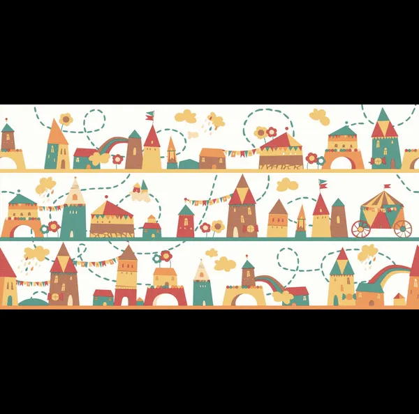 Whimsical_Fairytale_Toy_Castles_and_Rainbows_Warm_Mustard_Yellow_Kinder_Land_Kids_Nursery_Premium_Wallpaper