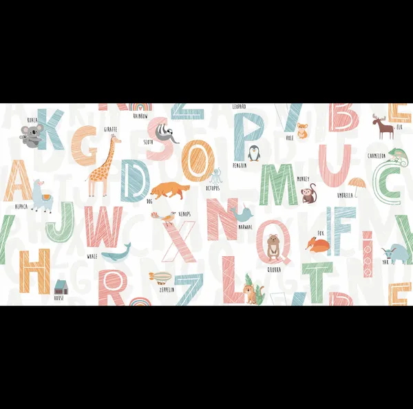 Playful_Illustrated_Alphabet_ABC_Letters_and_Animals_Pastel_Cream_Enfant_Educational_Kids_Nursery_Premium_Wallpaper
