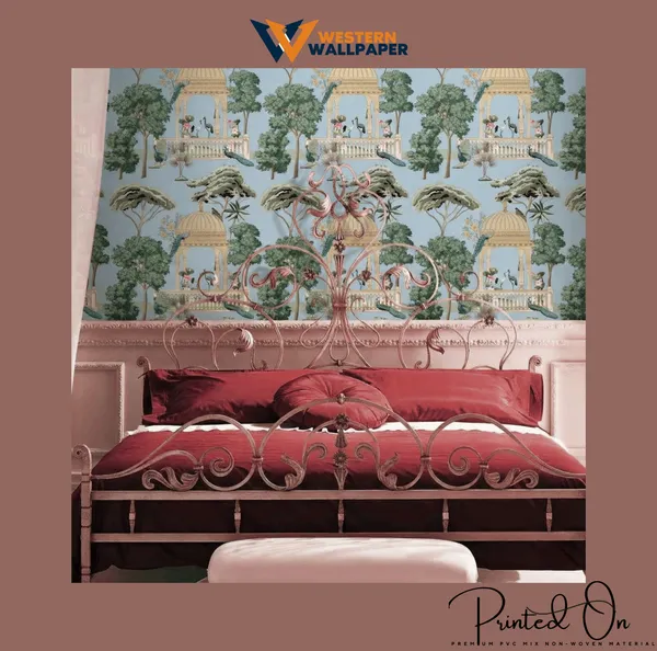 Ornate_Rajasthani_Mural_Wallpaper_In_Sky_Blue_And_Forest_Green_For_A_Traditional_Heritage_Bedroom