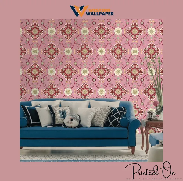 Ornate_Geometric_Medallion_Wallpaper_In_Magenta_And_Gold_For_A_Vibrant_Contemporary_Living_Space