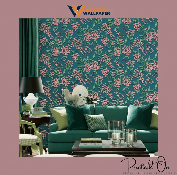 Ornate_Floral_Trail_Wallpaper_In_Salmon_And_Teal_For_A_Vibrant_Contemporary_Living_Space