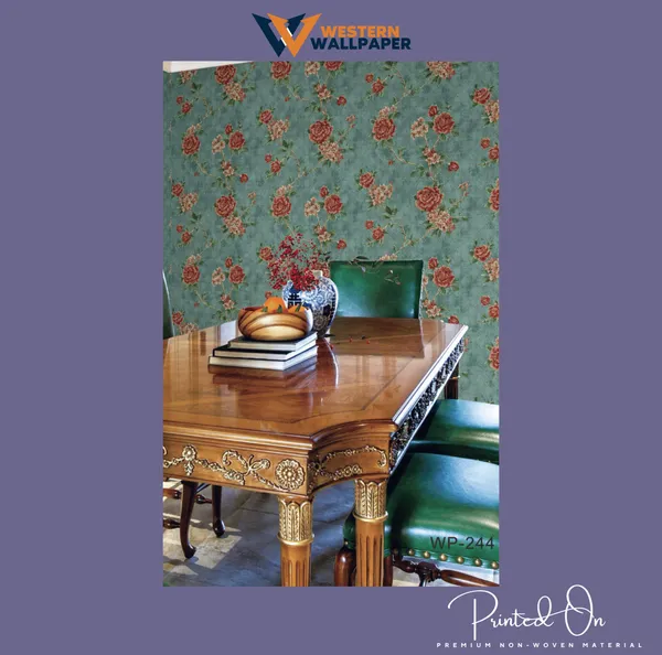 Traditional_Rose_Trail_Wallpaper_In_Teal_And_Antique_Red_For_A_Refined_And_Dramatic_Dining_Room_Wallpaper.