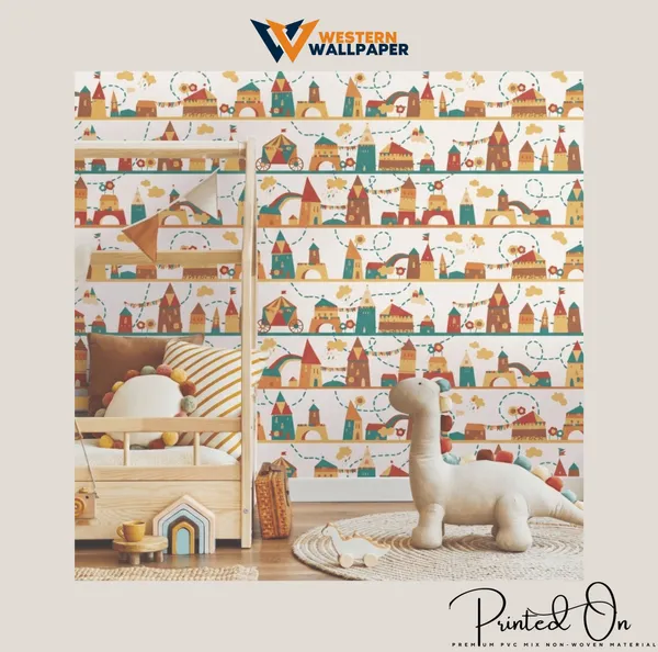 Whimsical_Fairytale_Toy_Castles_and_Rainbows_Warm_Mustard_Yellow_Kinder_Land_Kids_Nursery_Premium_Wallpaper