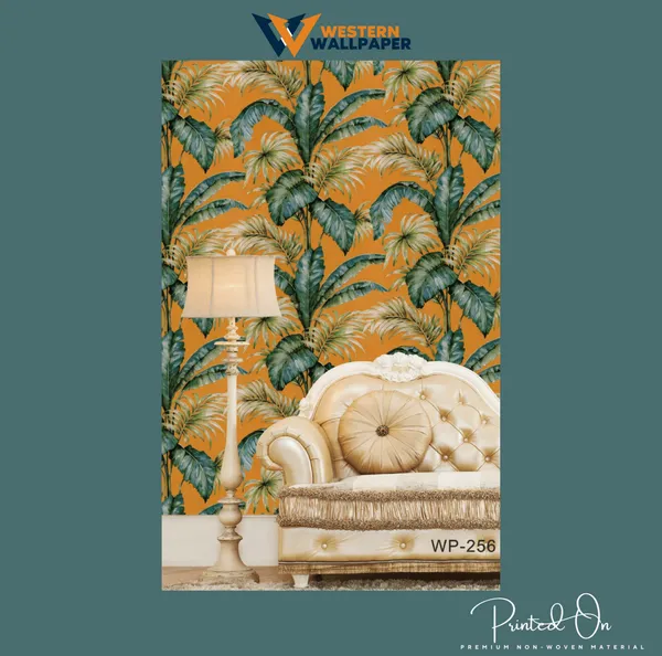 Bold_Tropical_Banana_Leaf_Wallpaper_In_Teal_And_Green_On_A_Vibrant_Orange_Background_For_A_Fun_And_Exotic_Accent_Wallpaper.