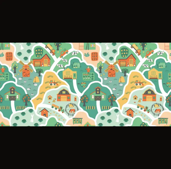 Charming_Illustrated_Country_Farm_Barns_and_Windmills_Pastel_Warm_Orange_and_Green_Country_Road_Kids_Nursery_Premium_Wallpaper