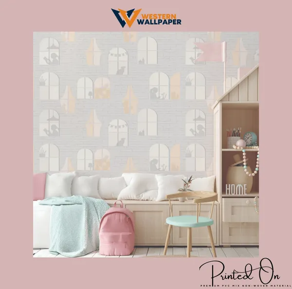 Cozy_Arched_Windows_Silhouette_and_Brick_Wall_Texture_Pastel_Light_Grey_Shine_Window_Kids_Teens_Premium_Wallpaper