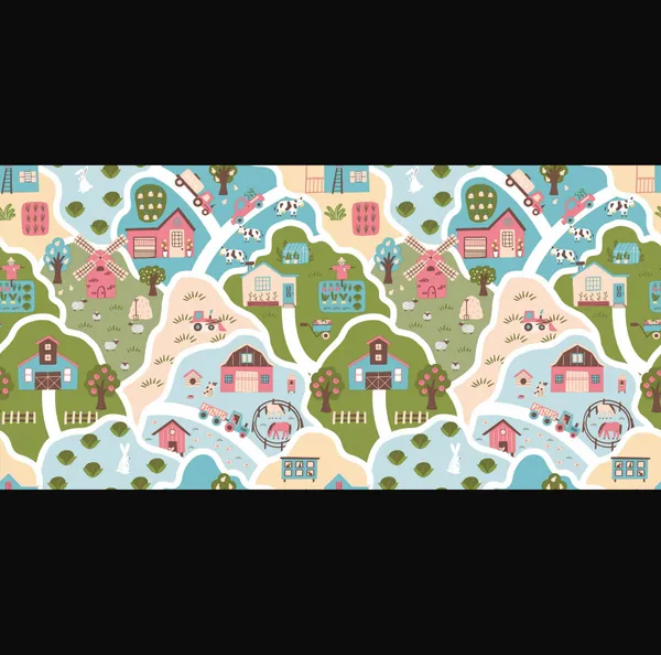 Charming_Illustrated_Country_Farm_Barns_and_Windmills_Pastel_Blue_and_Green_Country_Road_Kids_Nursery_Premium_Wallpaper