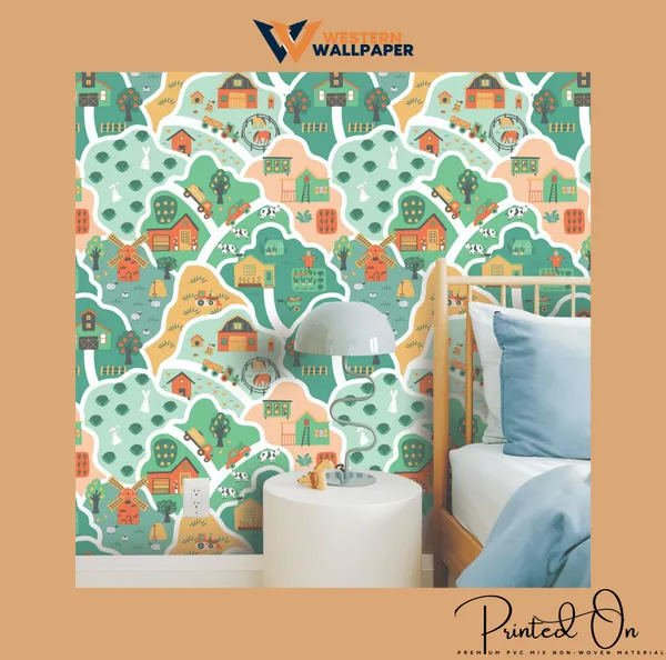 Charming_Illustrated_Country_Farm_Barns_and_Windmills_Pastel_Warm_Orange_and_Green_Country_Road_Kids_Nursery_Premium_Wallpaper