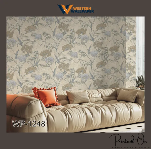Floral_And_Leaf_Pattern_Wallpaper_In_Beige,_Blue,_And_Yellow_For_A_Vintage,_Elegant,_And_Nature-Inspired_Aesthetic_Wallpaper